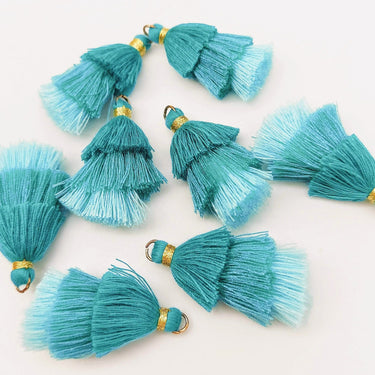 Blue Small Cotton Tassels in Three Layers With Gold Colour Brass Loop Ring, Tassel Charms x 5